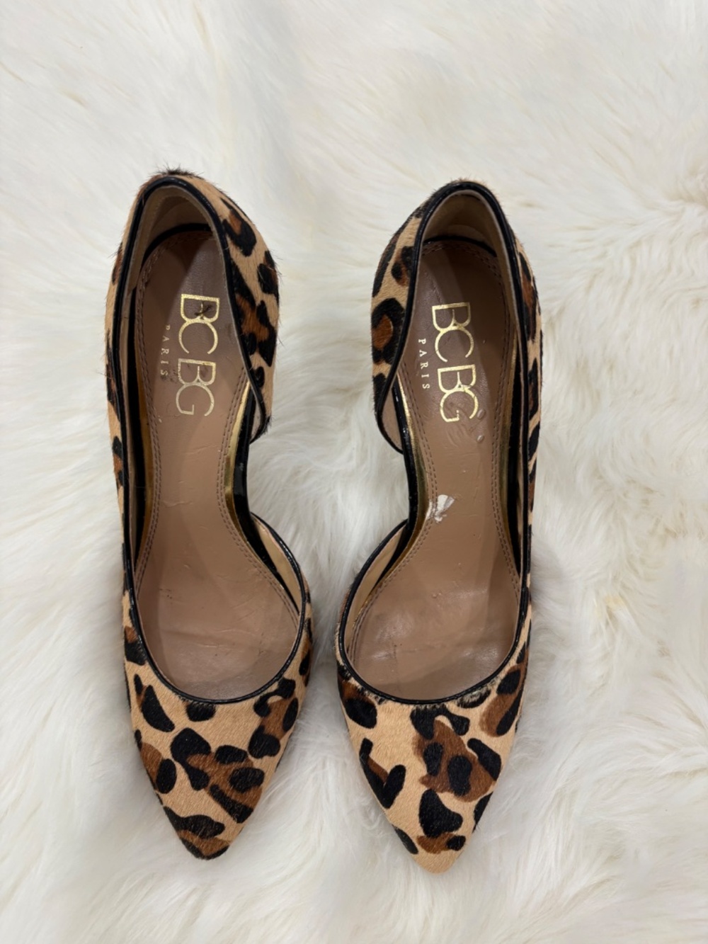 BCBG Cheetah Print Faux Fur Texture Pointed Toe Heels - Size 10